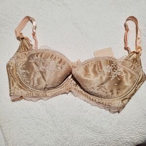 NWOT Mimi Holliday Tan & Pink Lace Hollywood Glamour Bra, 32FF